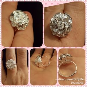 Large Rose Silver Plated Adjustable Ring